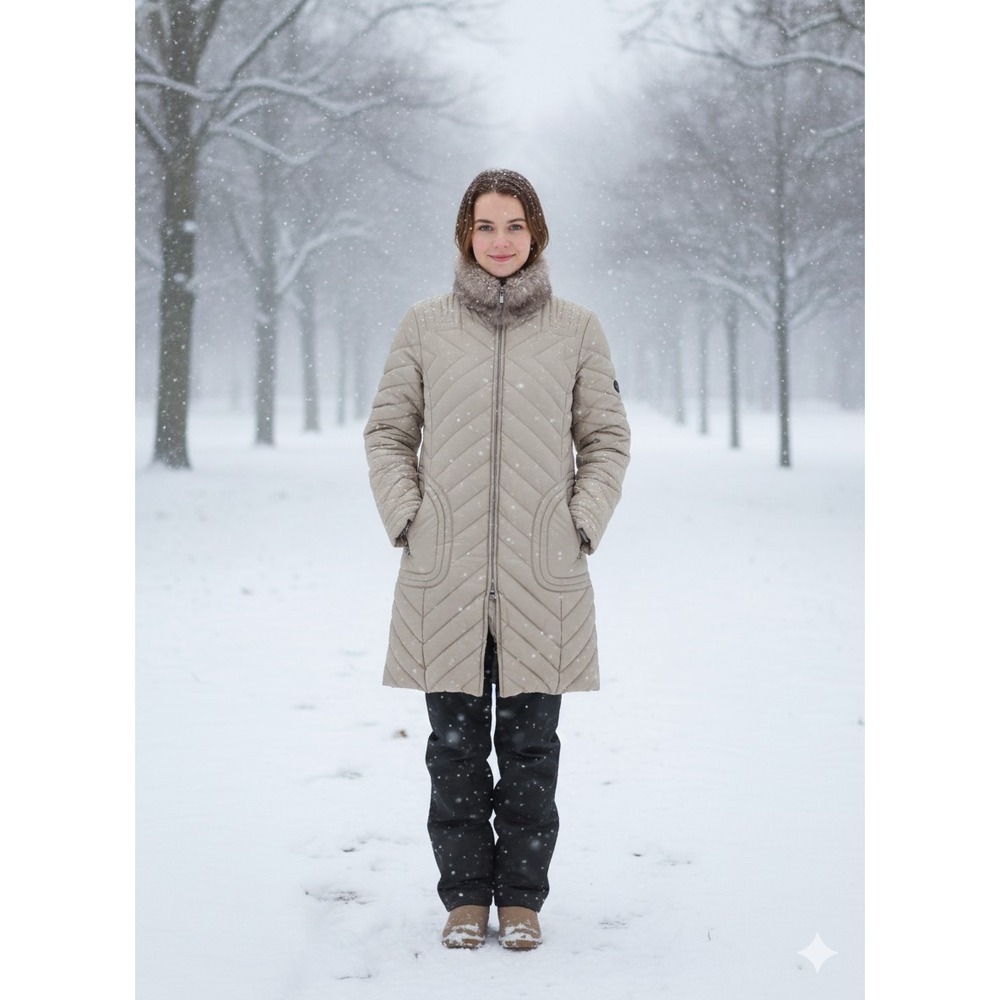 Perry Ellis Long Puffer Coat‎ Down Filled Size M. Womens Fur Trim Neck. Beige